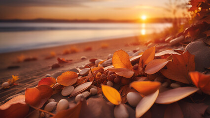 Closeup autumn leaves lying on the sand at the beach. Sunset. - obrazy, fototapety, plakaty