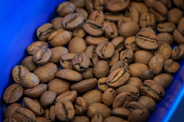 Coffee beans on the blue tray