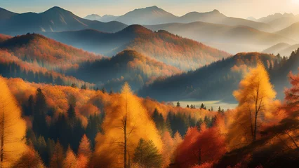 Crédence de cuisine en verre imprimé Matin avec brouillard Autumn forest hills landscape.