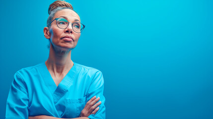 Retrato de uma enfermeira em fundo fotografico azul - obrazy, fototapety, plakaty
