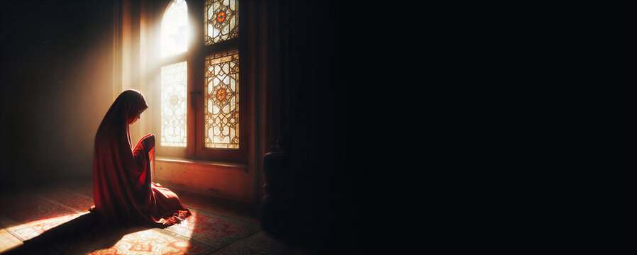 A Muslim woman, covered in a red veil, kneels in prayer as the sun's rays filter through a nearby window.