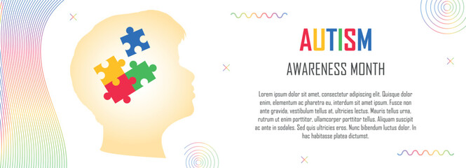 Autism spectrum disorder, ASD Awareness month, Mental developmental disabilities, childhood psychology campaign, Healthcare and medicines, banner with puzzle pieces, copy space for text