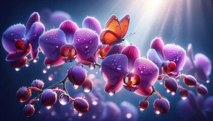 Beautiful Orchids on a bokeh background with butterfly morning fresh