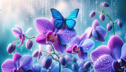 Blue Butterfly on Dewy Purple Orchids
