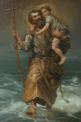Patron saint of travel - St. Christopher carrying a boy accross water. Protect us - symbolic Catholic religious art
