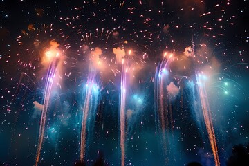 Fototapeta na wymiar An awe-inspiring display of fireworks resembling a cascading waterfall of lights, with each burst creating a mesmerizing cascade of colorful sparks against a dark backdrop.