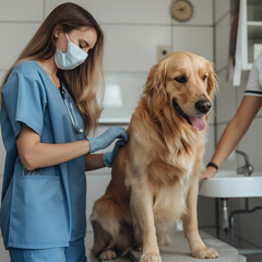 Dog owner brings sick golden retriever dog to veterinarian's office for treatment. Female veterinarian examines a dog
