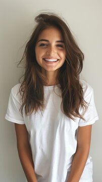 Smiling Woman in White T-Shirt
