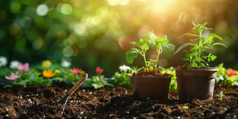 gardening tools on soil with plants, spring garden background (9) - obrazy, fototapety, plakaty