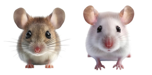 Two cute mice on a transparent background. Funny rodents.