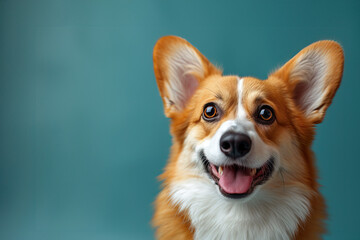 portrait obedient dog (puppy) breed welsh corgi pembroke smiling with tongue on a blue background. - obrazy, fototapety, plakaty