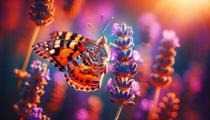 Colorful Butterfly on Lavender Flowers - A vibrant butterfly perches delicately on a cluster of...