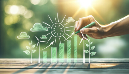Renewable Energy suitability concept - A hand sketches a sustainable energy concept with wind turbines and sun