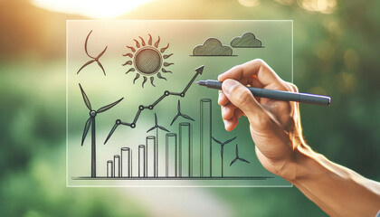 Renewable Energy suitability concept - A hand sketches a sustainable energy concept with wind turbines and sun