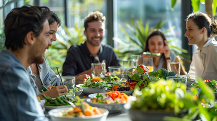 A group of coworkers having a healthy lunch together in the office