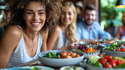 A group of coworkers having a healthy lunch together in the office