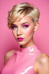 Teen girl with pixie cut blond hair in pink latex short dress
