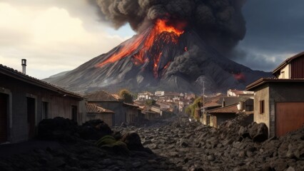 Volcan en éruption près d'une ville - obrazy, fototapety, plakaty
