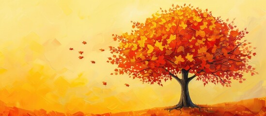 A painting depicting a vibrant autumn tree, with its leaves in shades of orange, red, and yellow, set against a bright yellow sky background. The tree stands out prominently in the fall landscape.