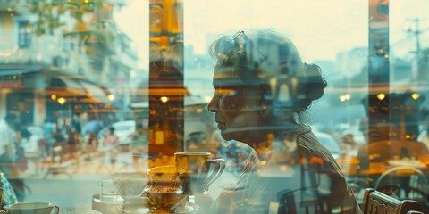 A senior Indian woman, her hair adorned with the wisdom of years, savors a serene coffee moment within a double exposure image.