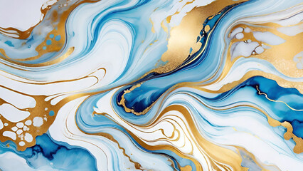 Abstract blue and gold marble alcohol ink background.
