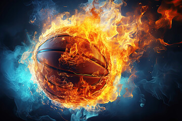 burning basketball ball on fire is flying on black blue background. Sport burn element concept