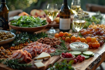 A rustic table abundantly filled with various meats, cheeses, fruits, and nuts, perfect for a gathering - obrazy, fototapety, plakaty