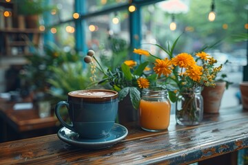 A warm, inviting cup of coffee sits on a rustic table next to vibrant yellow flowers, exuding comfort and relaxation - obrazy, fototapety, plakaty