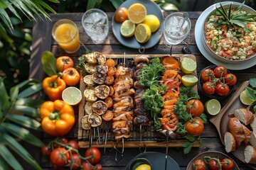 A tantalizing display of grilled seafood accompanied by fresh salads, fruits, and bread on a rustic wooden table