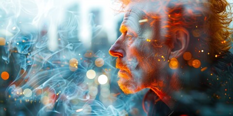 A senior Caucasian man with striking red hair, its hue reminiscent of autumn leaves, cherishes a tranquil coffee moment within a double exposure image. 