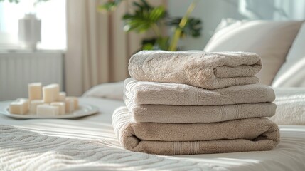 stack of clean beige towels on a bed in a hotel room