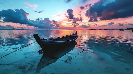 a boat is standing in front of the beautiful ocean at sunset, in the style of light purple and sky-blue, captivating documentary photos,light magenta and navy, romantic riverscapes, bold and vibrant, 