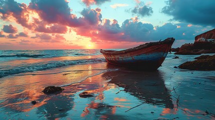 a boat on the beach during a sunset, in the style of sky-blue and purple, calming, vibrant airy scenes, light sky-blue and dark pink, calm waters