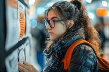 Student Checking Admission Results on University Noticeboard. A hopeful student attentively reads posted admission results on a university noticeboard, searching for her name among the accepted.
