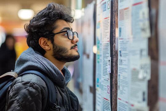 Student Checking Admission Results on University Noticeboard. A hopeful student attentively reads posted admission results on a university noticeboard, searching for her name among the accepted.