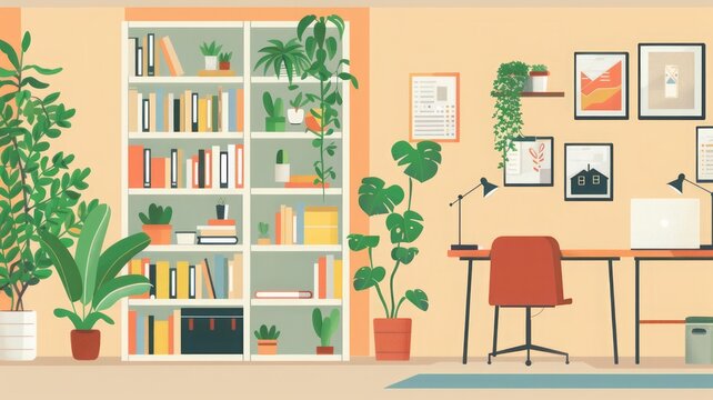 Zoom Background Photo Of A Minimalist Modern Office With A Bookshelf And Plants