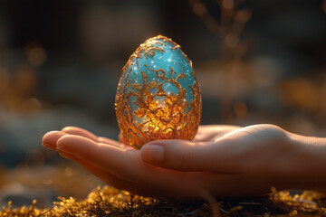 Hand holds golden egg on background of grass - obrazy, fototapety, plakaty