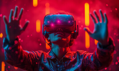 Woman experiencing virtual reality through VR headset