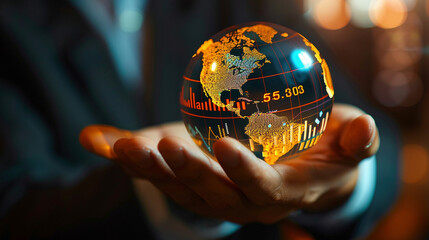 Businessman's Hand Holding Globe with Financial Charts
