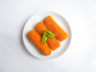 Risoles or risol, delicious Indonesian snack or pastry with vegetables or sausage and mayonnaise filling