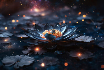 Cosmic magical black lotus flower in space