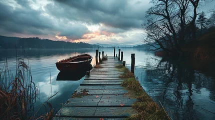 Tuinposter a boat's dock on a lake, in the style of soft, atmospheric lighting, light sky-blue and dark black, creative commons attribution, happenings, time-lapse photography © Smilego