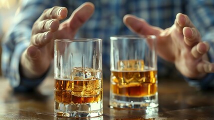 Two hands in a declining gesture in front of whiskey glasses, a message of alcohol refusal. alcoholism treatment, alcohol addiction, quit booze, Stop Drinking Alcohol. unhealthy, alcohol rejection