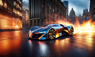 Futuristic sports car speeding through city streets