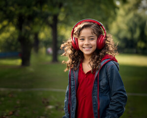 Girl in red hoodie listening music in headphones