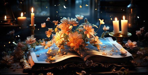 a book on top of a table with light, in the style of spectacular backdrops, magical, bright backgrounds, photorealistic pastiche, lively and energetic