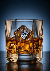 Whiskey on the rocks in elegant glass over blue