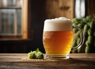 Glass mug of unfiltered beer on table
