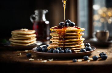 Golden pancake stack with blueberry drizzled with maple syrup