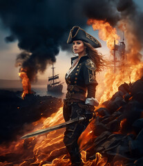 Pirate queen overseeing fiery battle at sea - 746616139